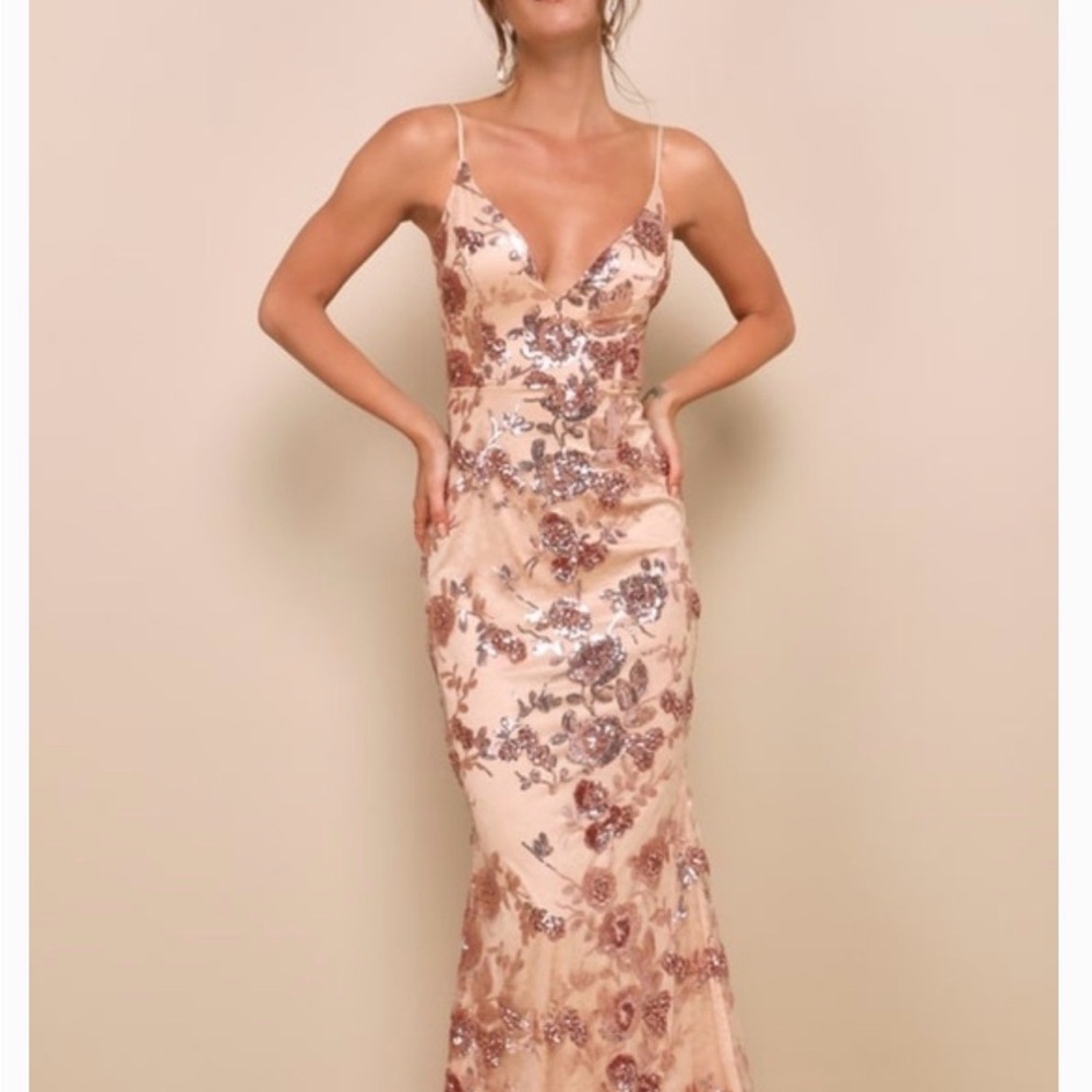 Lulu's Blush Sequin Floral V-Neck Gown